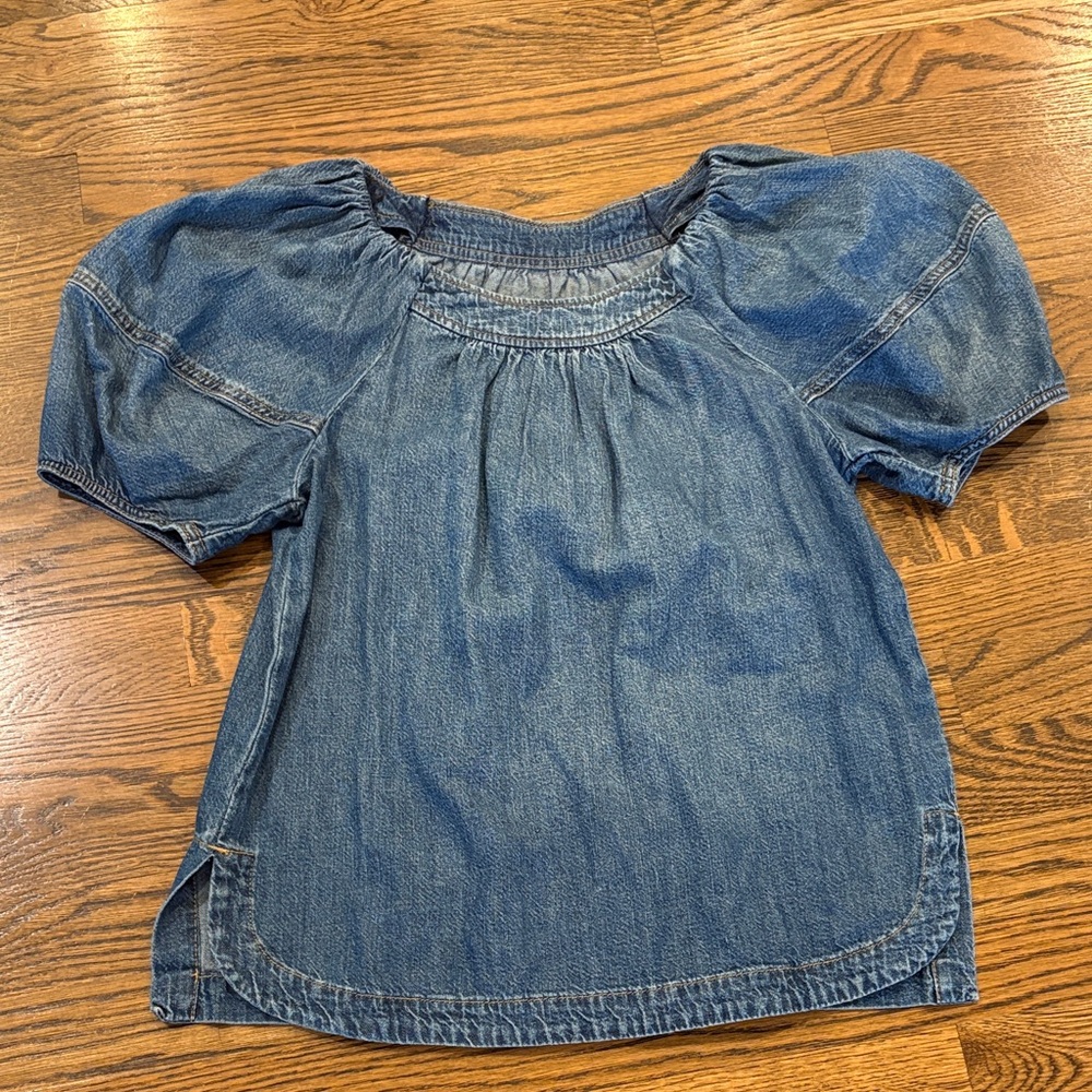 La Vie Denim Puff-Sleeve Top, xS